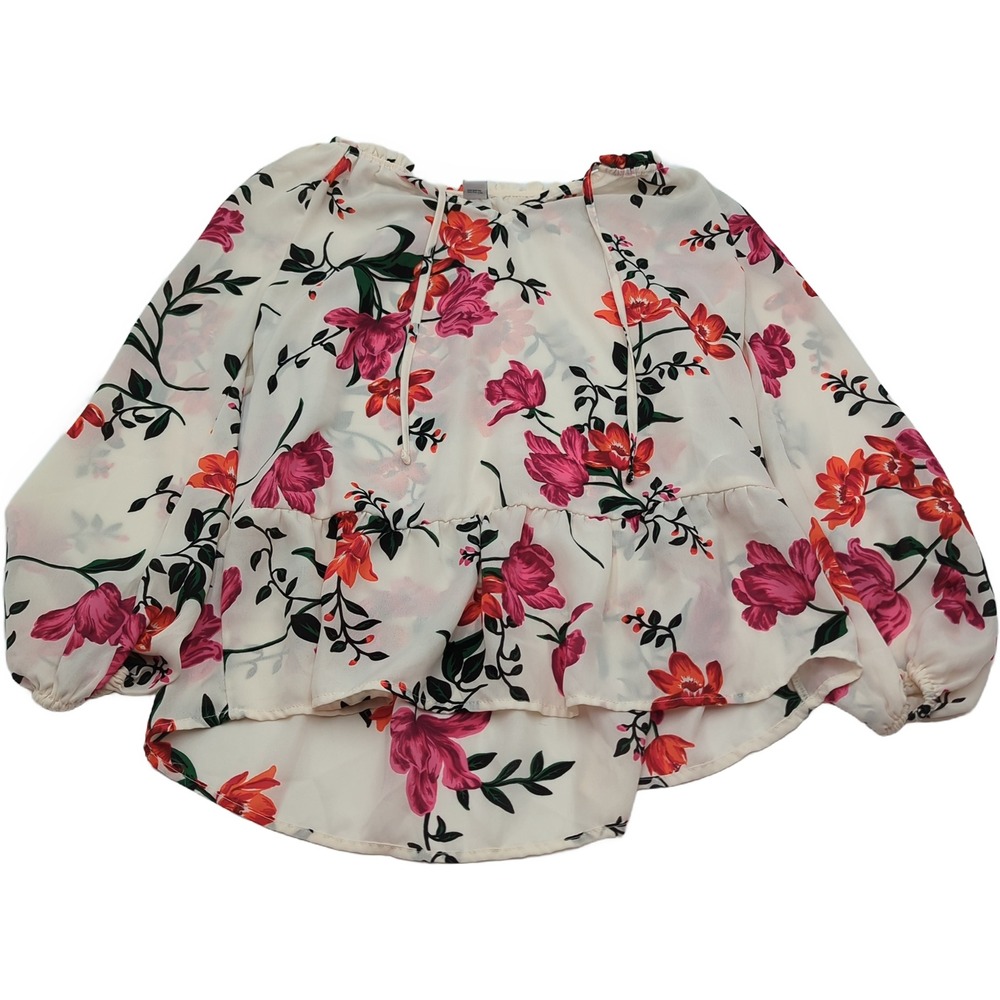 Old Navy Floral Peplum Blouse Cream Pink Orange Balloon Sleeve Split Neck Small